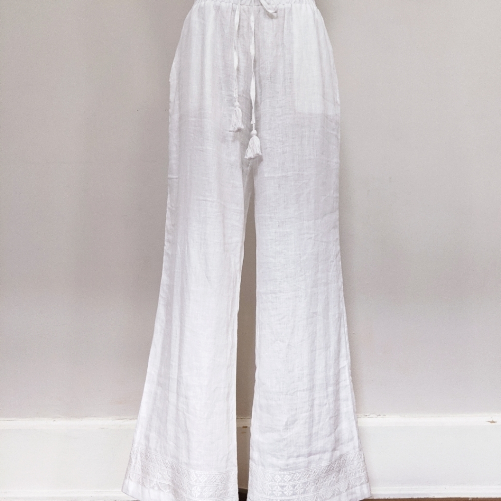 Embroidered Linen Wide Leg Pants